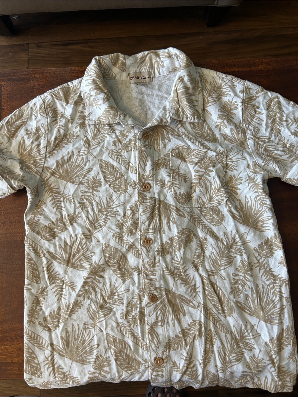 BEARPAW casual Beige Leaf-Print Short Sleeve Boy Shirt Linen Blend
